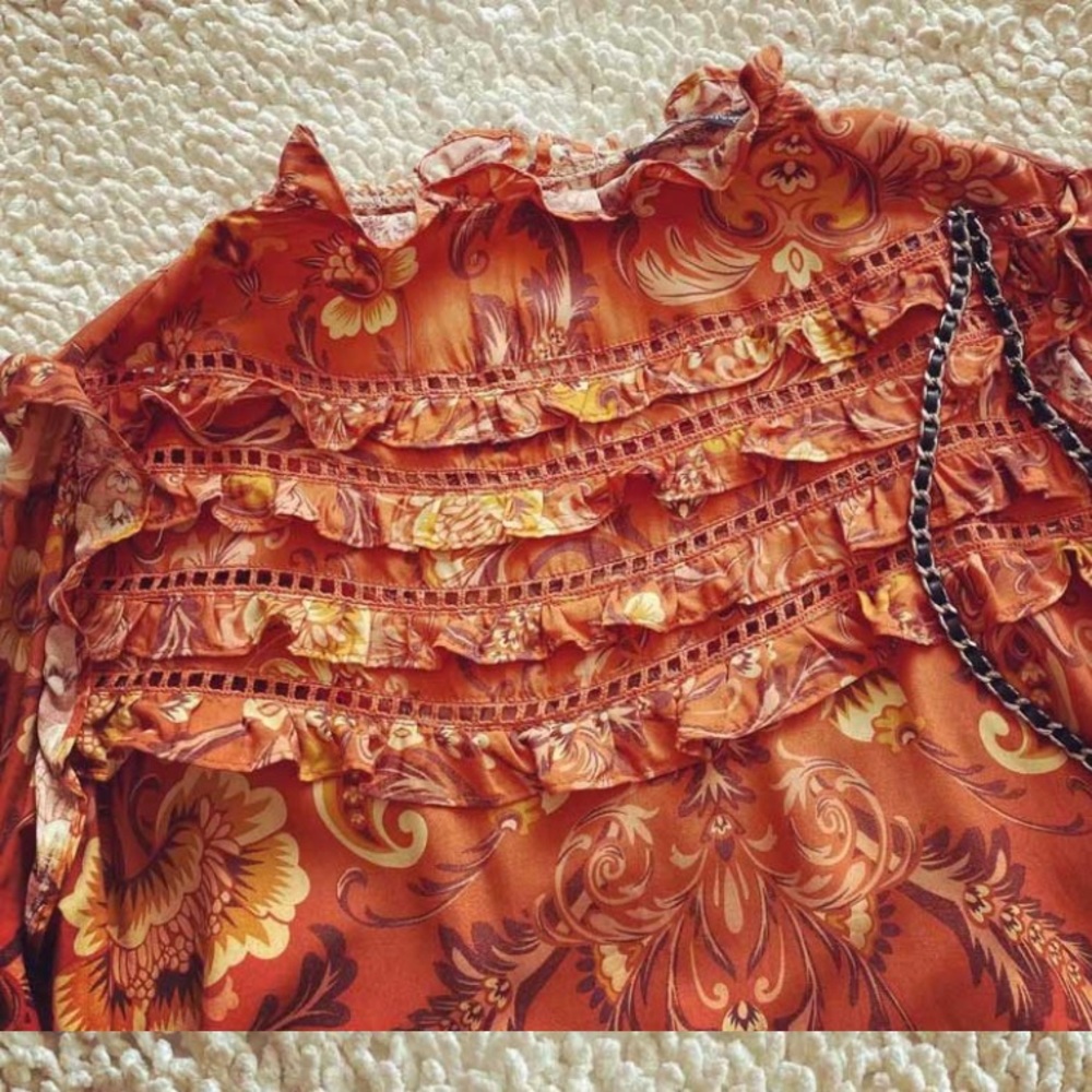 SOLD OUT Rust Vintage Style Floral Ruffle Boho Blouse - Picture 3 of 6
